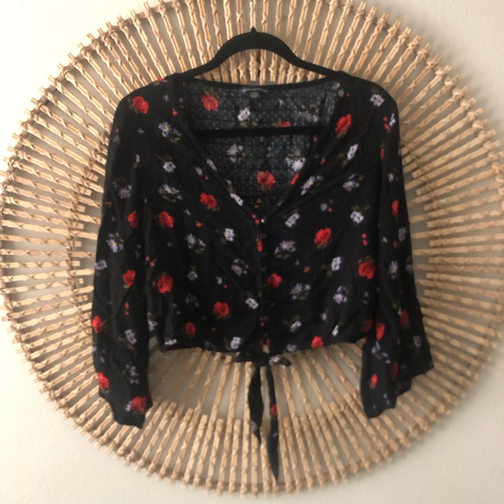 American eagle outfitters black floral bell sleeve tie blouse